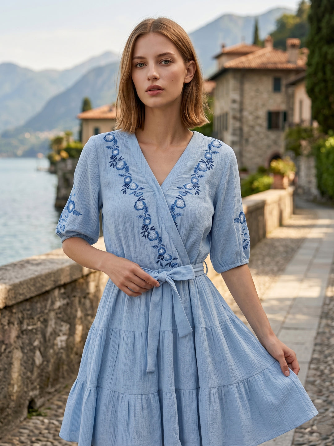 Elle Women Blue Embroidered Fit & Flared Pure Cotton Dress
