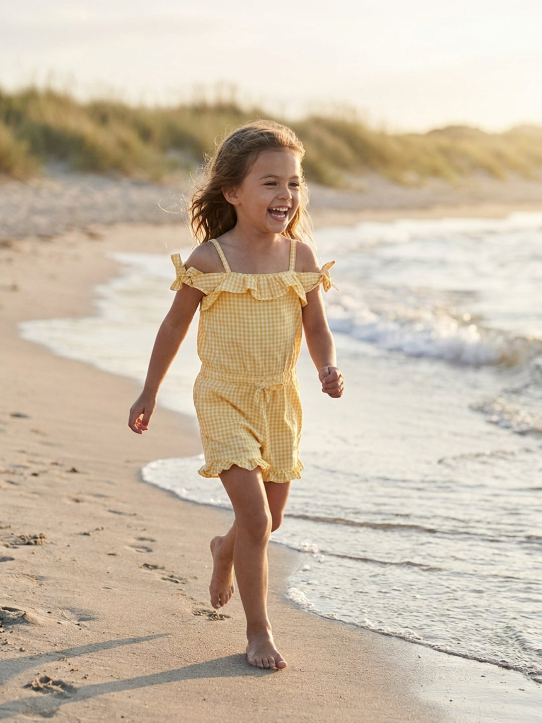 Elle Kids Girls Yellow Checked Square Neck Playsuit