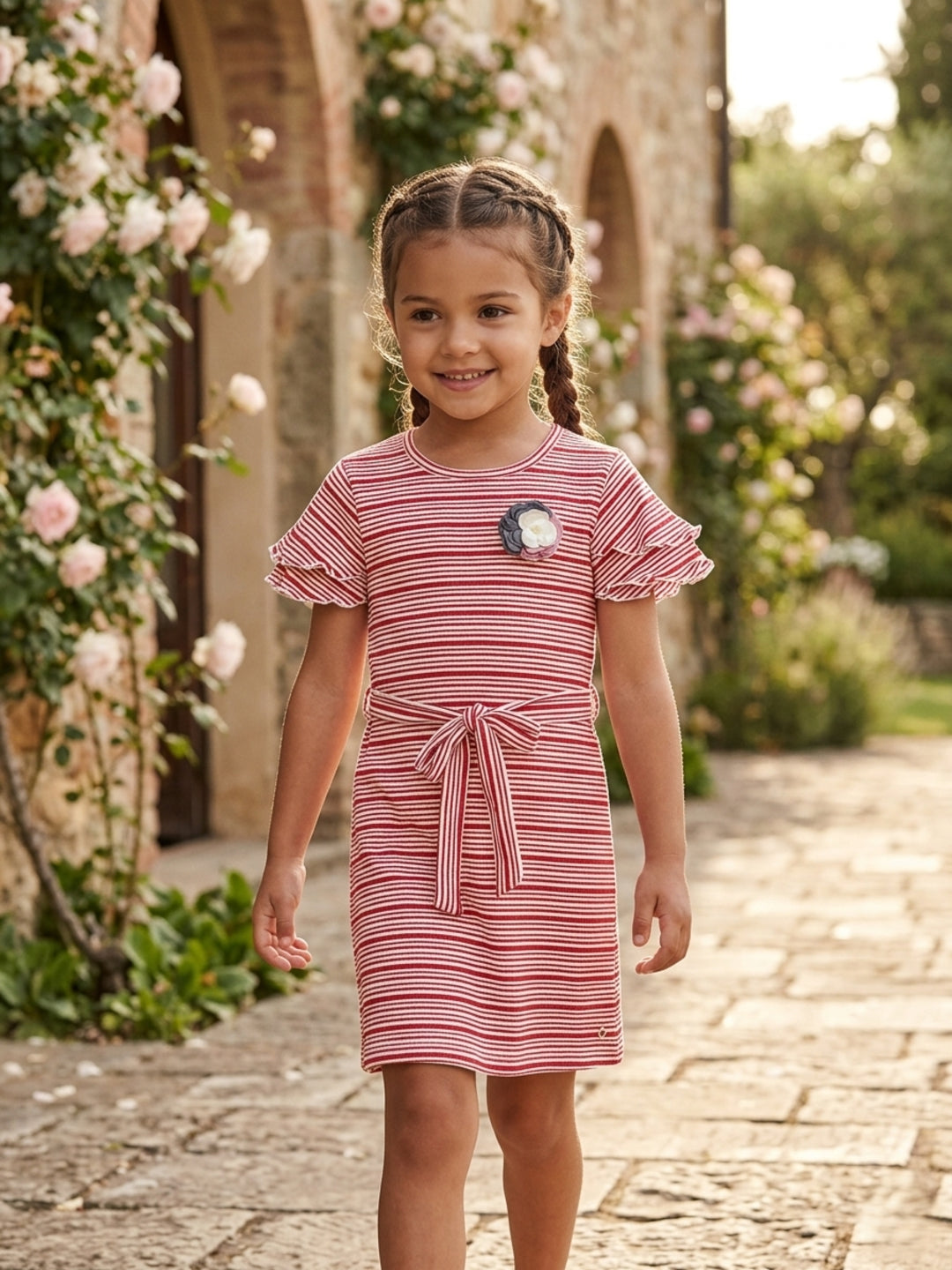 Elle Kids Girls Coral Striped Round Neck Dress