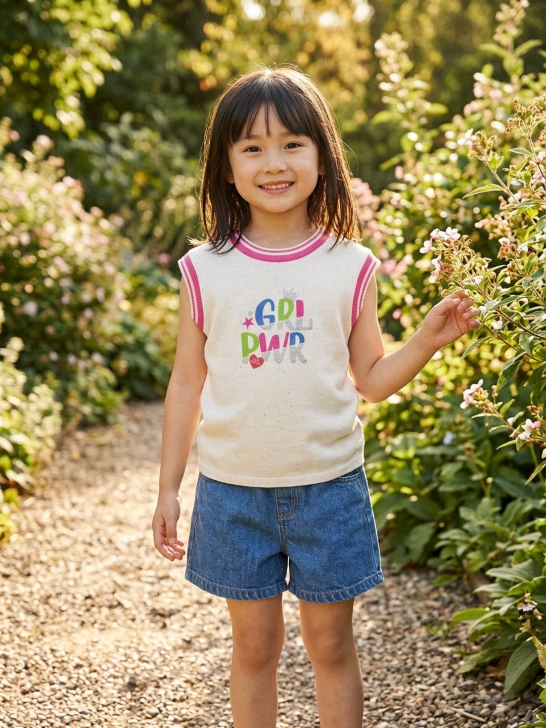 Blue Giraffe Girls Cream Printed Round Neck Sleeveless Top