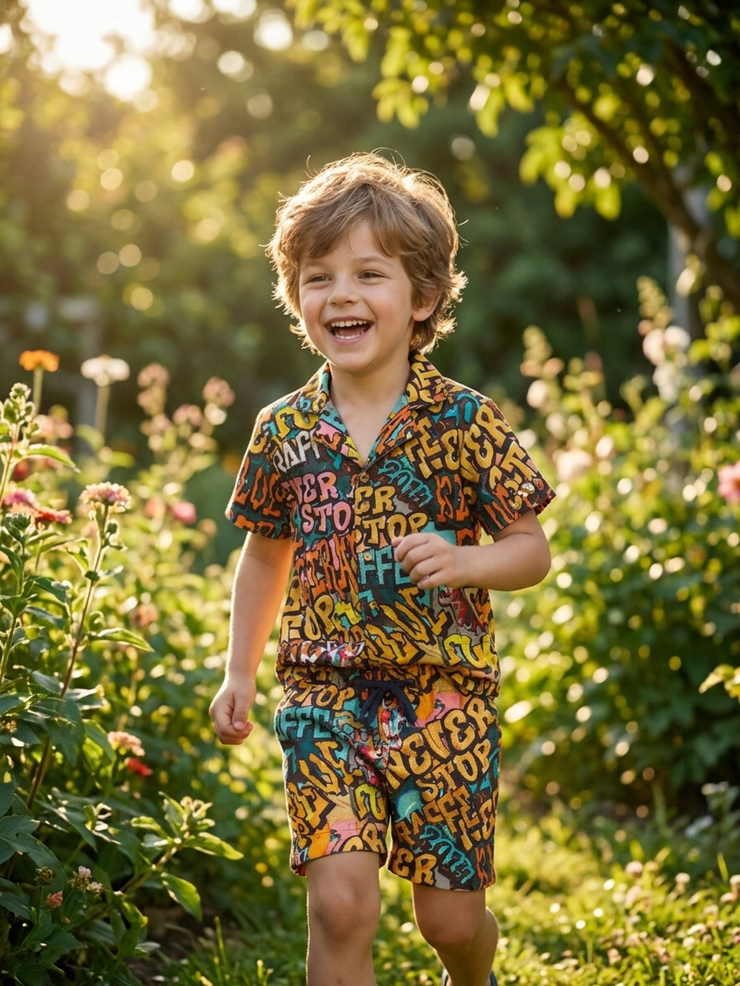 Blue Giraffe Boys Multicolor Printed Lapel Collar Shirt