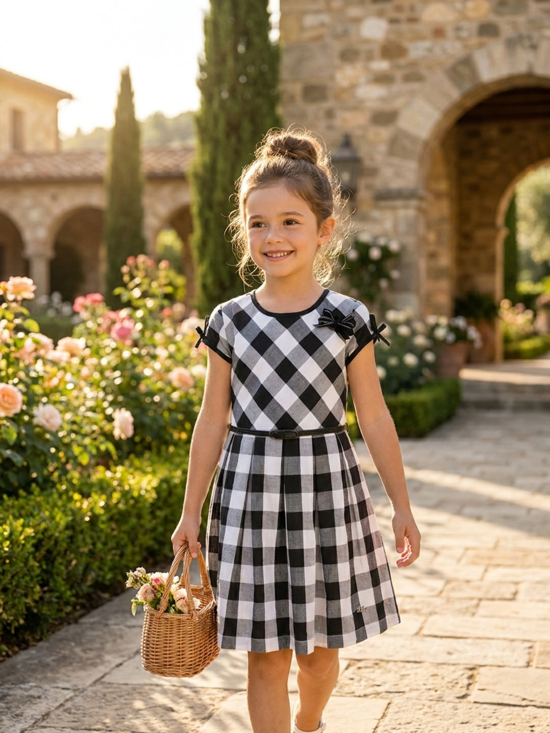 Elle Kids Girls Black Checked Round Neck Dress