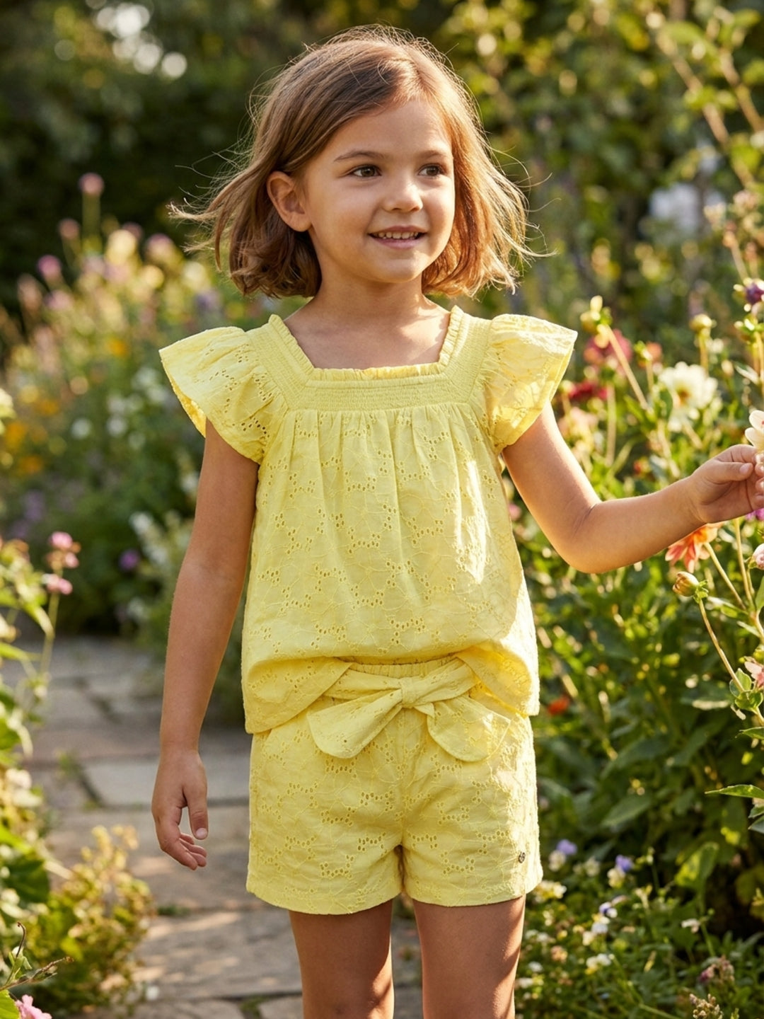 Elle Girls Yellow Self-Design Square neck Short Sleeves Top