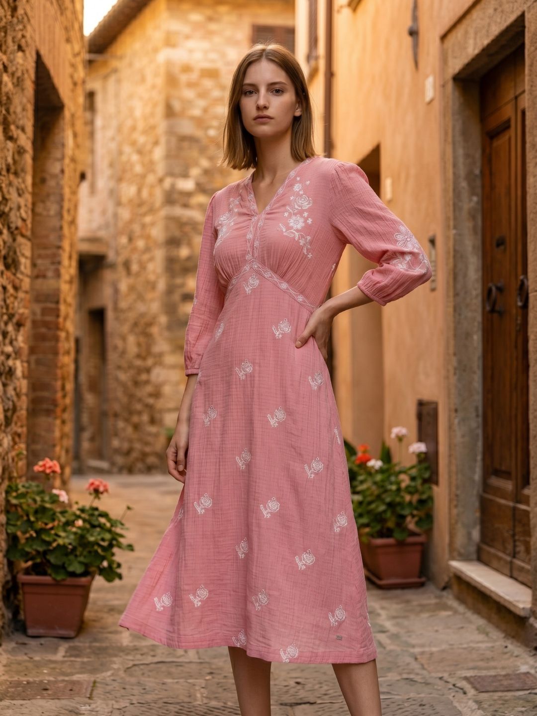 Elle Women Pink Embroidered Fit & Flared Dress