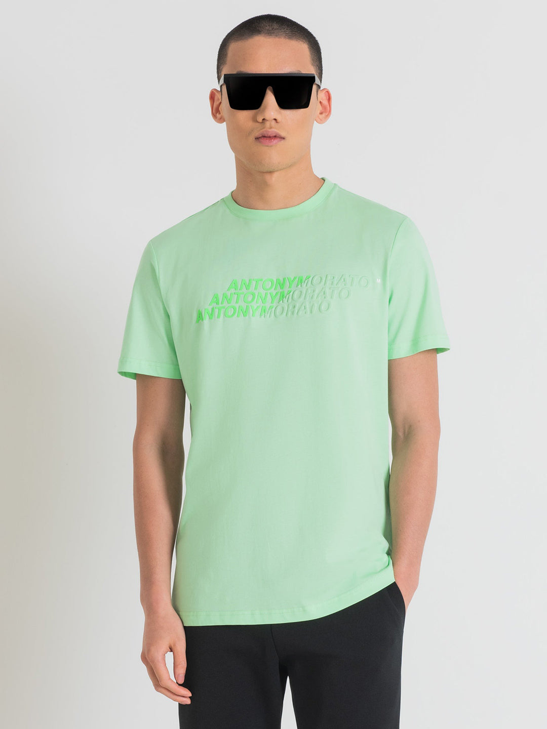Antony Morato Men Green Solid Round Neck Short Sleeves Tshirt