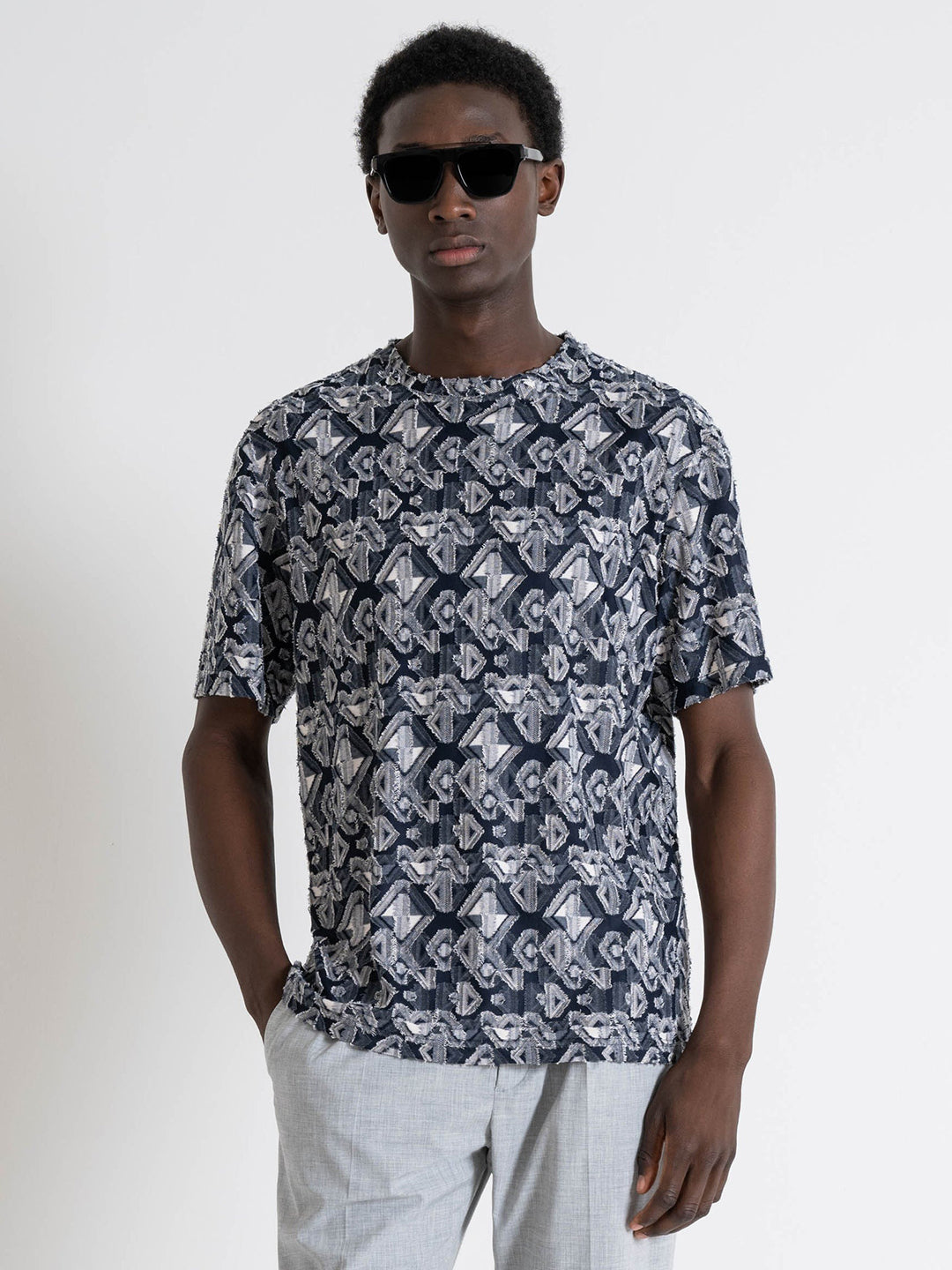 Antony Morato Men Blue Self-Design Round Neck Short Sleeves Tshirt