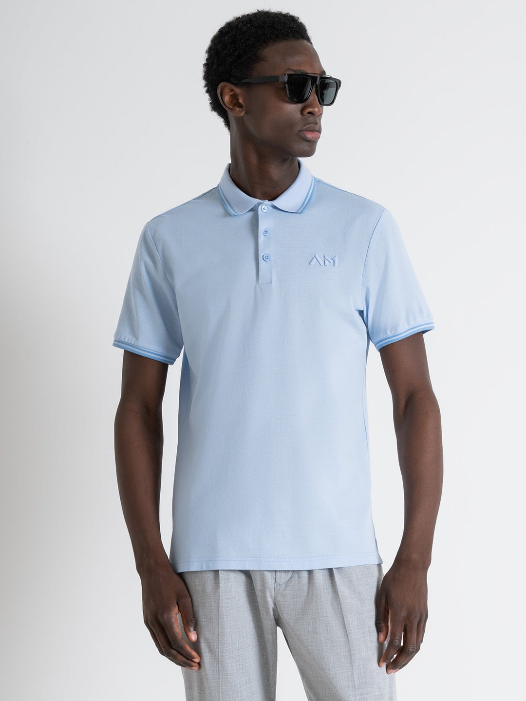 Antony Morato Men Blue Solid Polo Collar Short Sleeves Tshirt