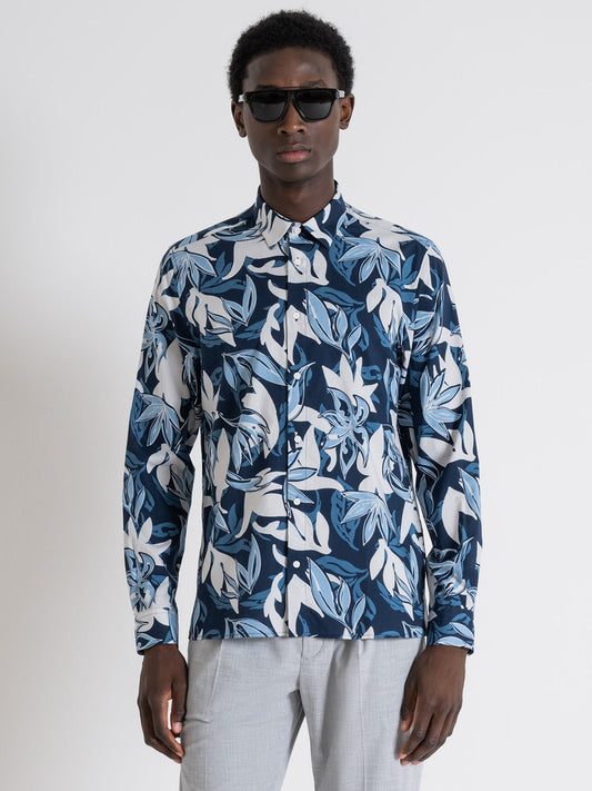 Antony Morato Men Blue Printed Spread Collar Full Sleeves Shirt