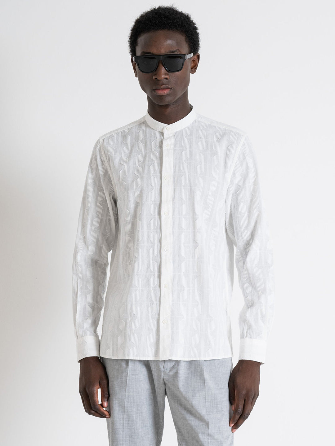 Antony Morato Men Off White Solid Band Collar Full Sleeves Shirt