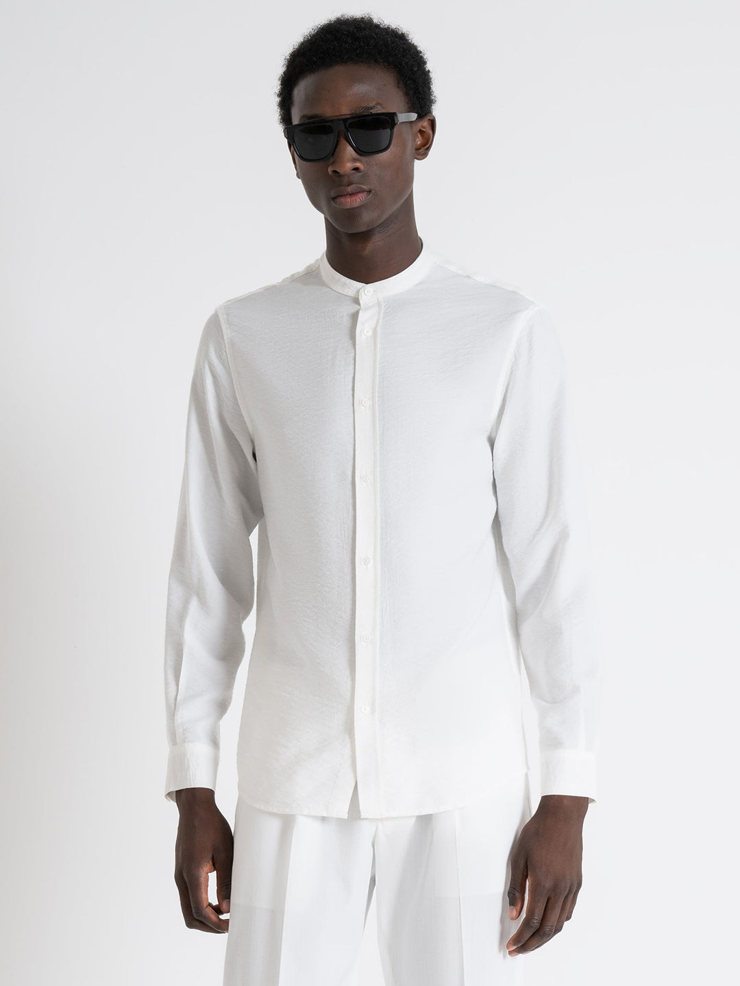 Antony Morato Men Off White Solid Band Collar Full Sleeves Shirt