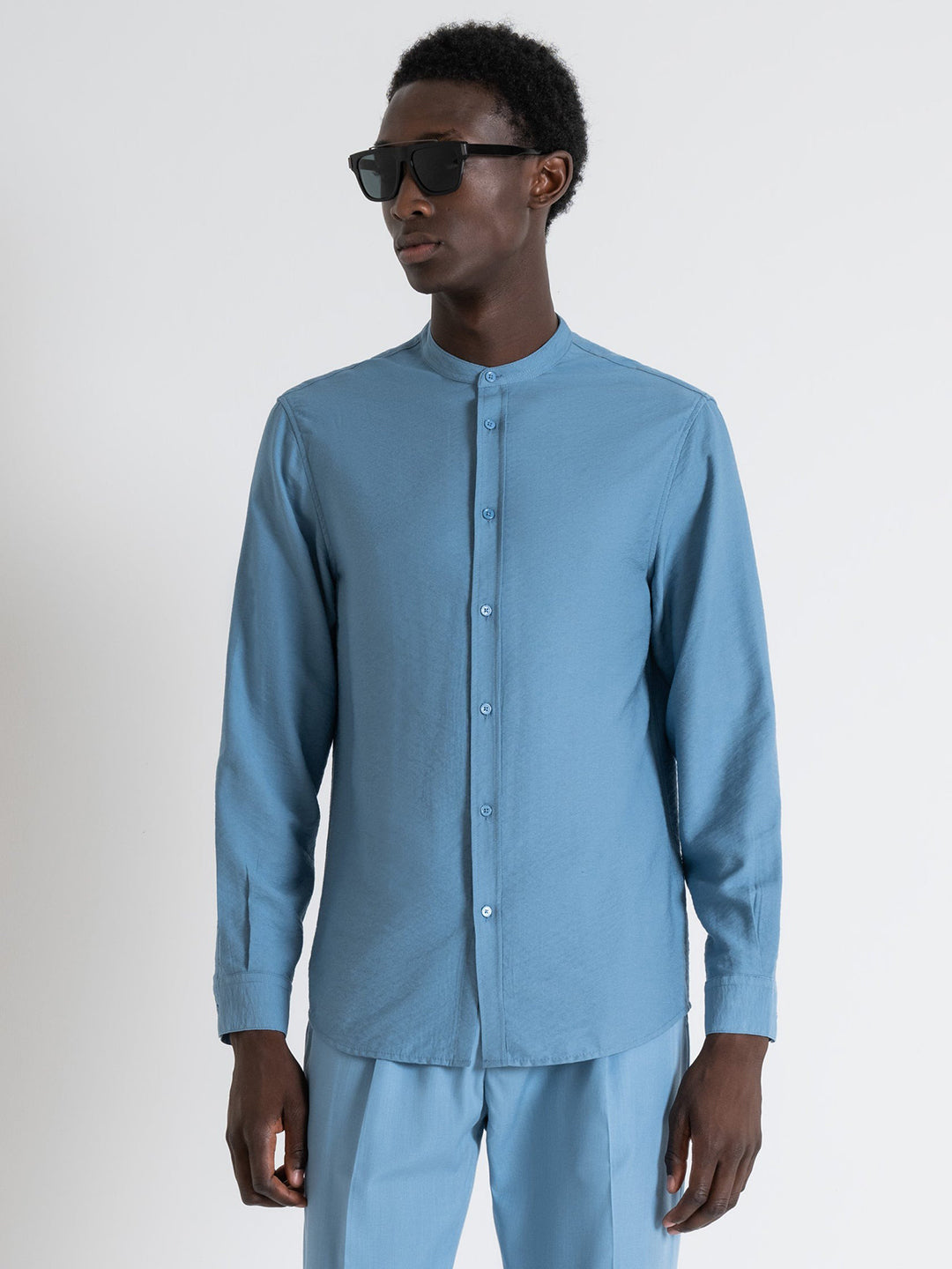 Antony Morato Men Blue Solid Band Collar Full Sleeves Shirt