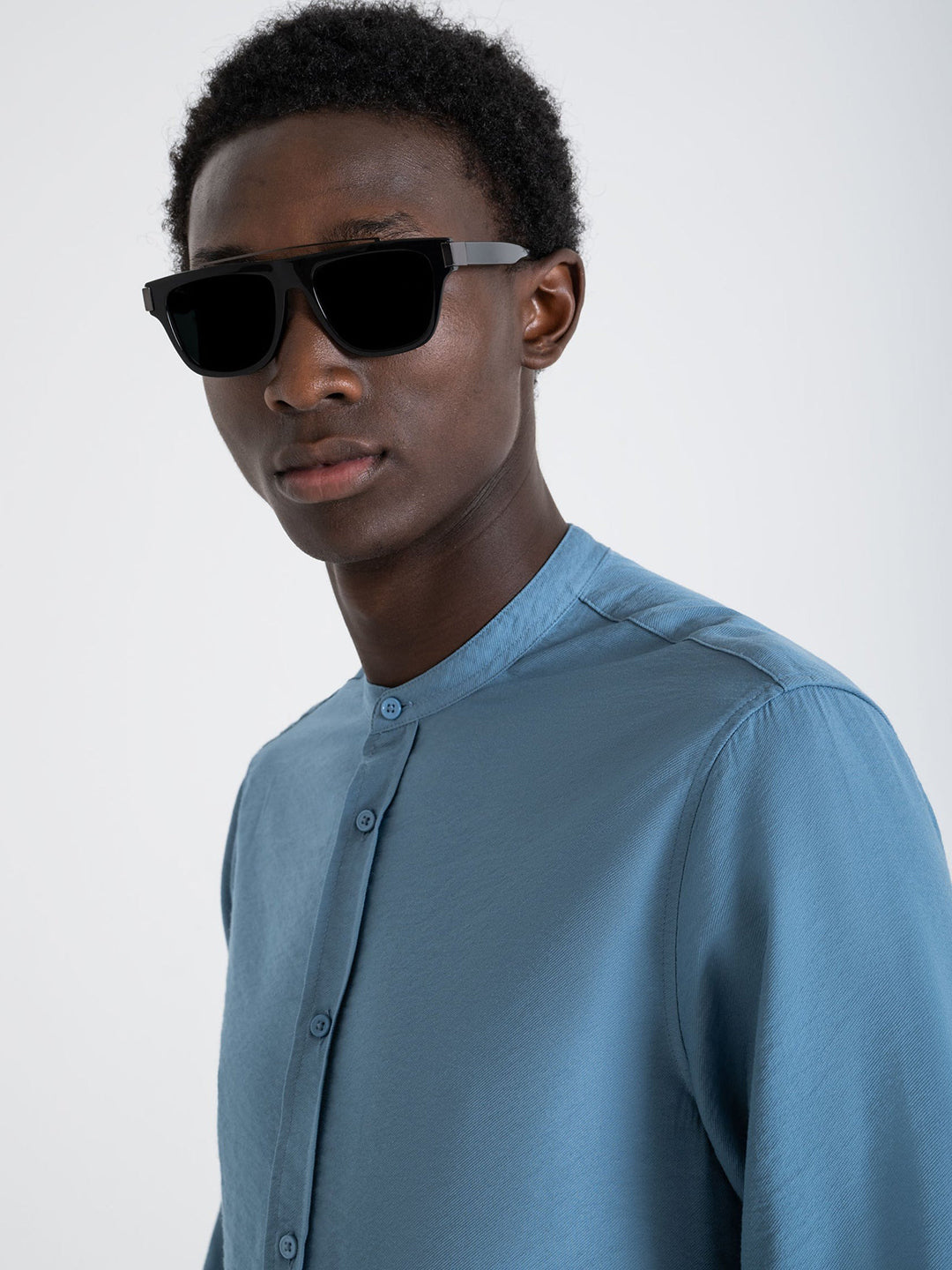 Antony Morato Men Blue Solid Band Collar Full Sleeves Shirt