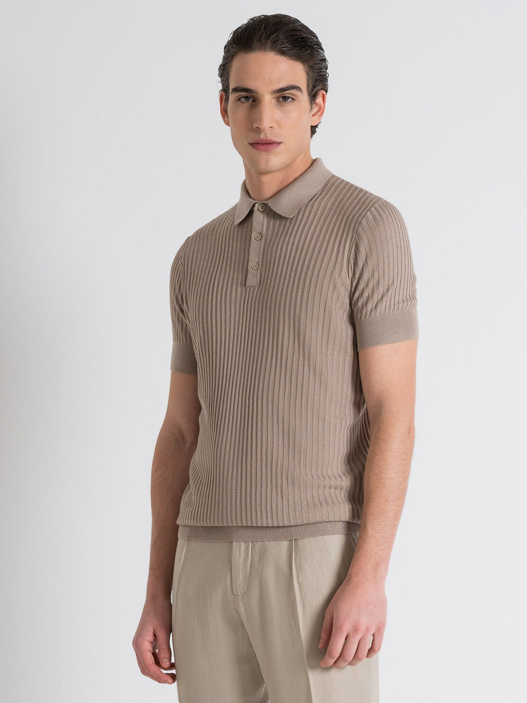 Antony Morato Men Beige Striped Polo Collar Short Sleeves Tshirt