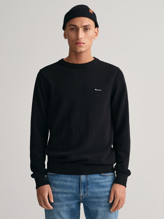 Gant Men Black Solid Crew Neck Sweater