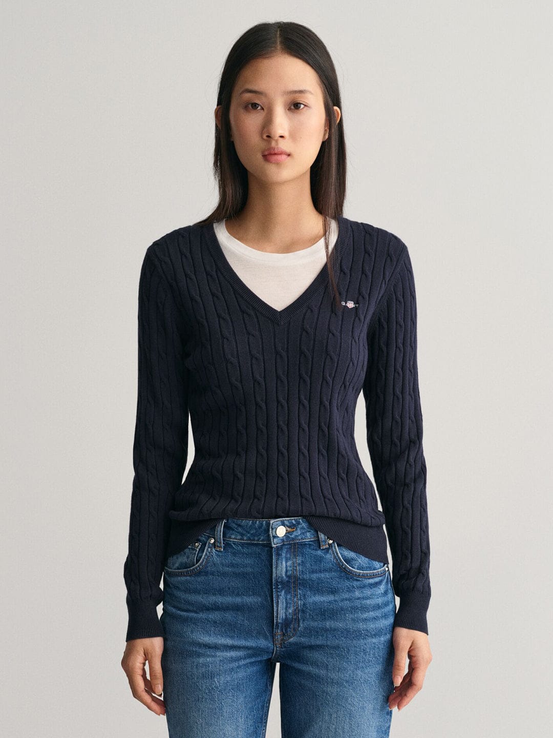 Gant Women Blue Solid V-Neck Sweater