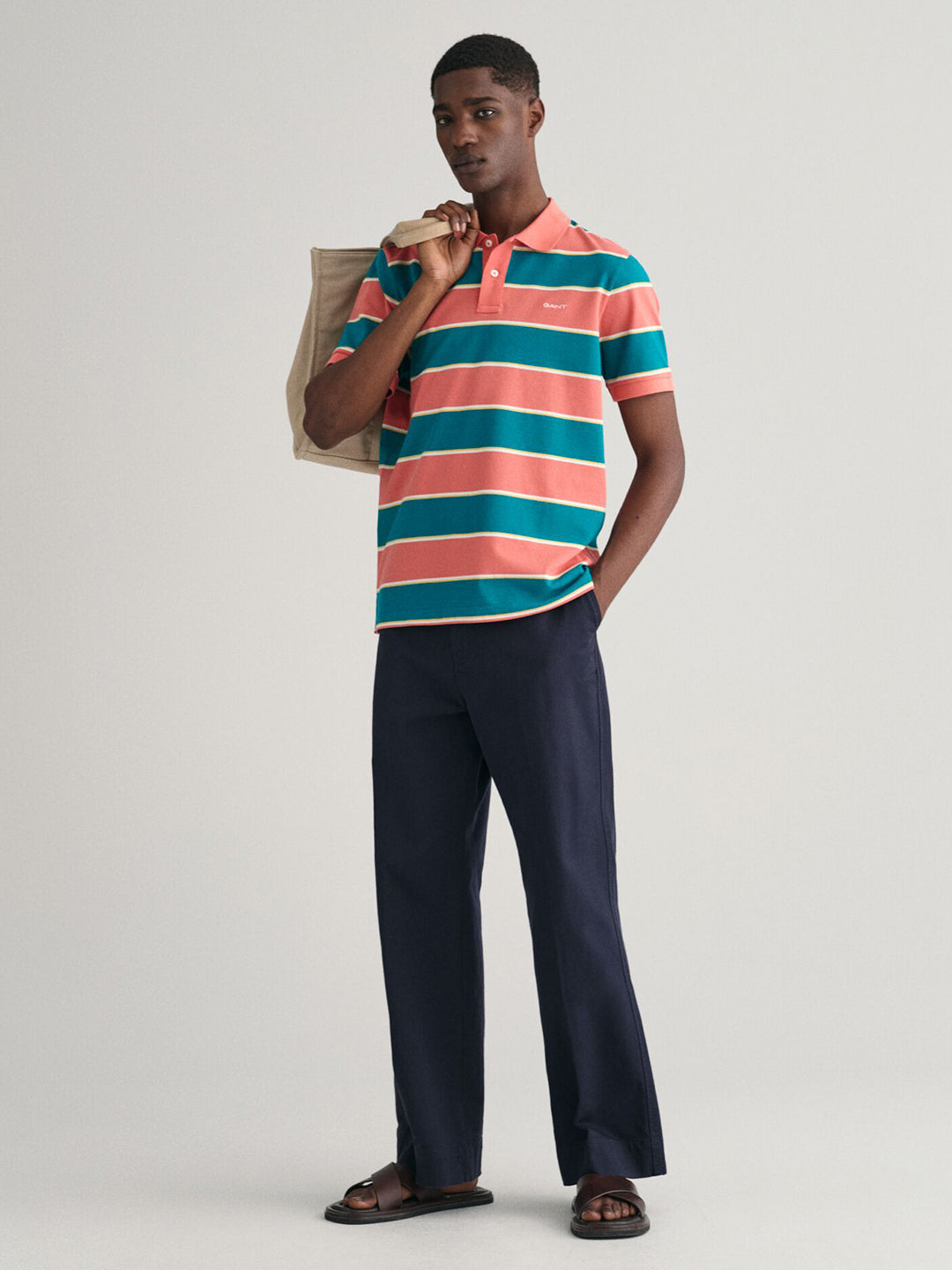 Gant Men Blue Striped Polo Collar Short Sleeves Tshirt