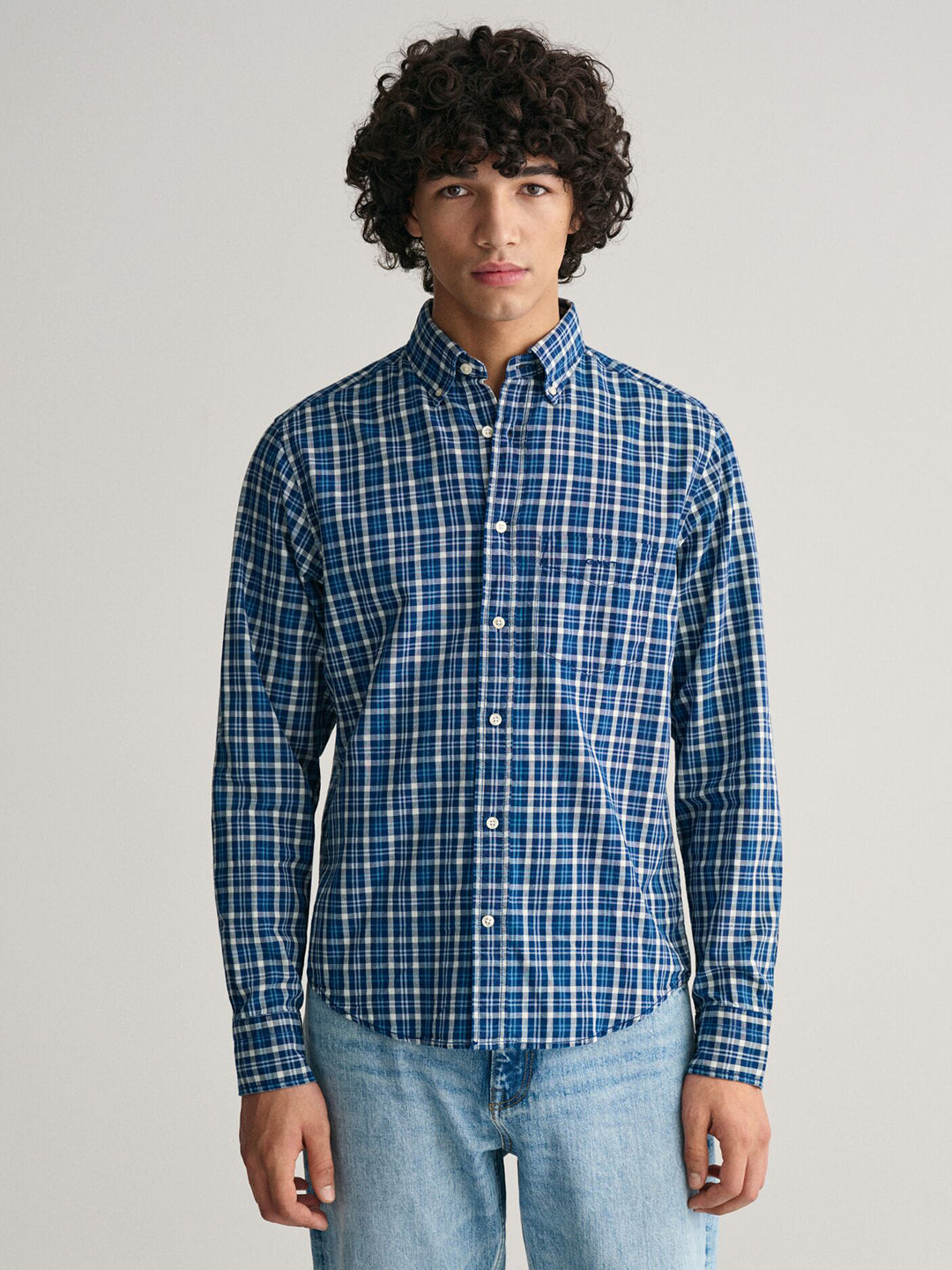 Gant Men Blue Checked Button Down Full Sleeves Shirt