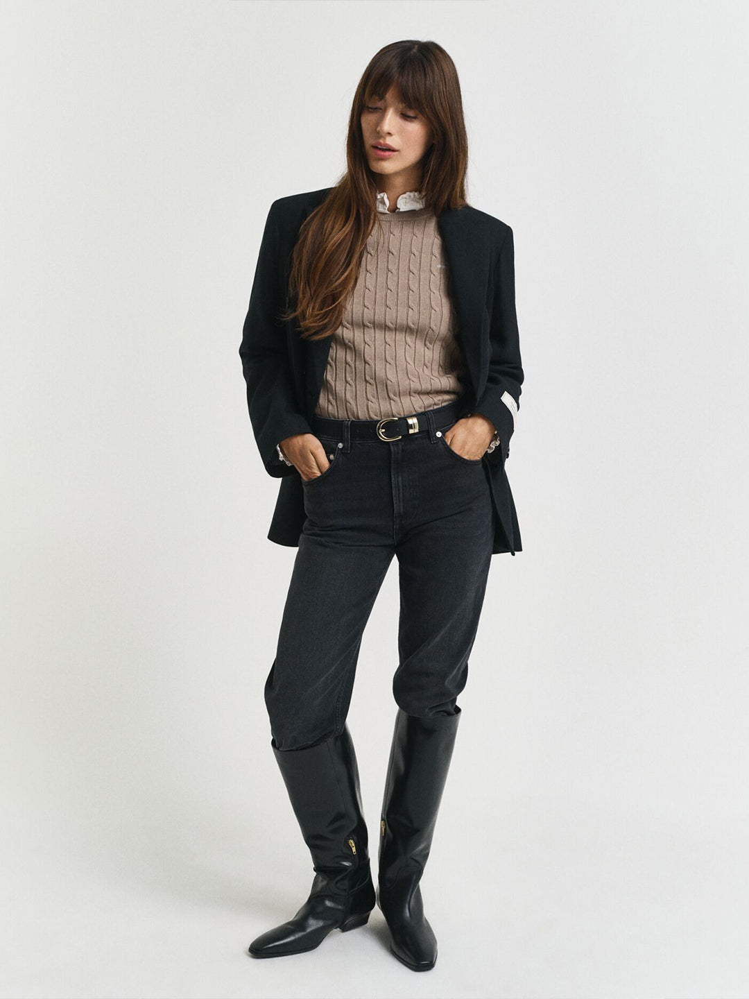 Gant Women Beige Solid Crew Neck Sweater