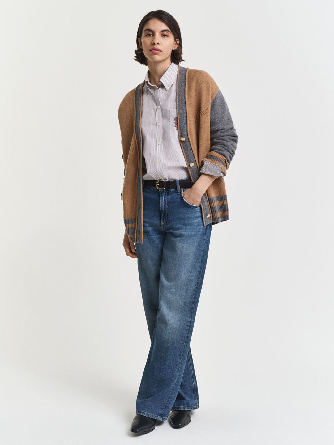 Gant Women Brown Coloublocked V Neck Sweater