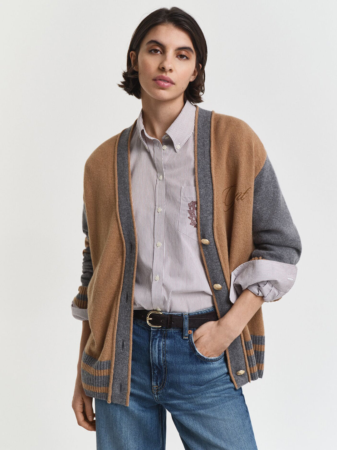 Gant Women Brown Coloublocked V Neck Sweater