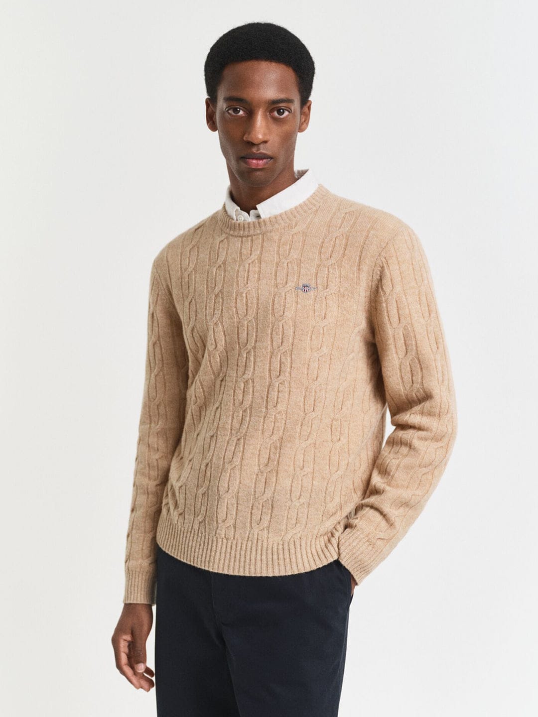 Gant Men Khaki Solid Crew Neck Sweater