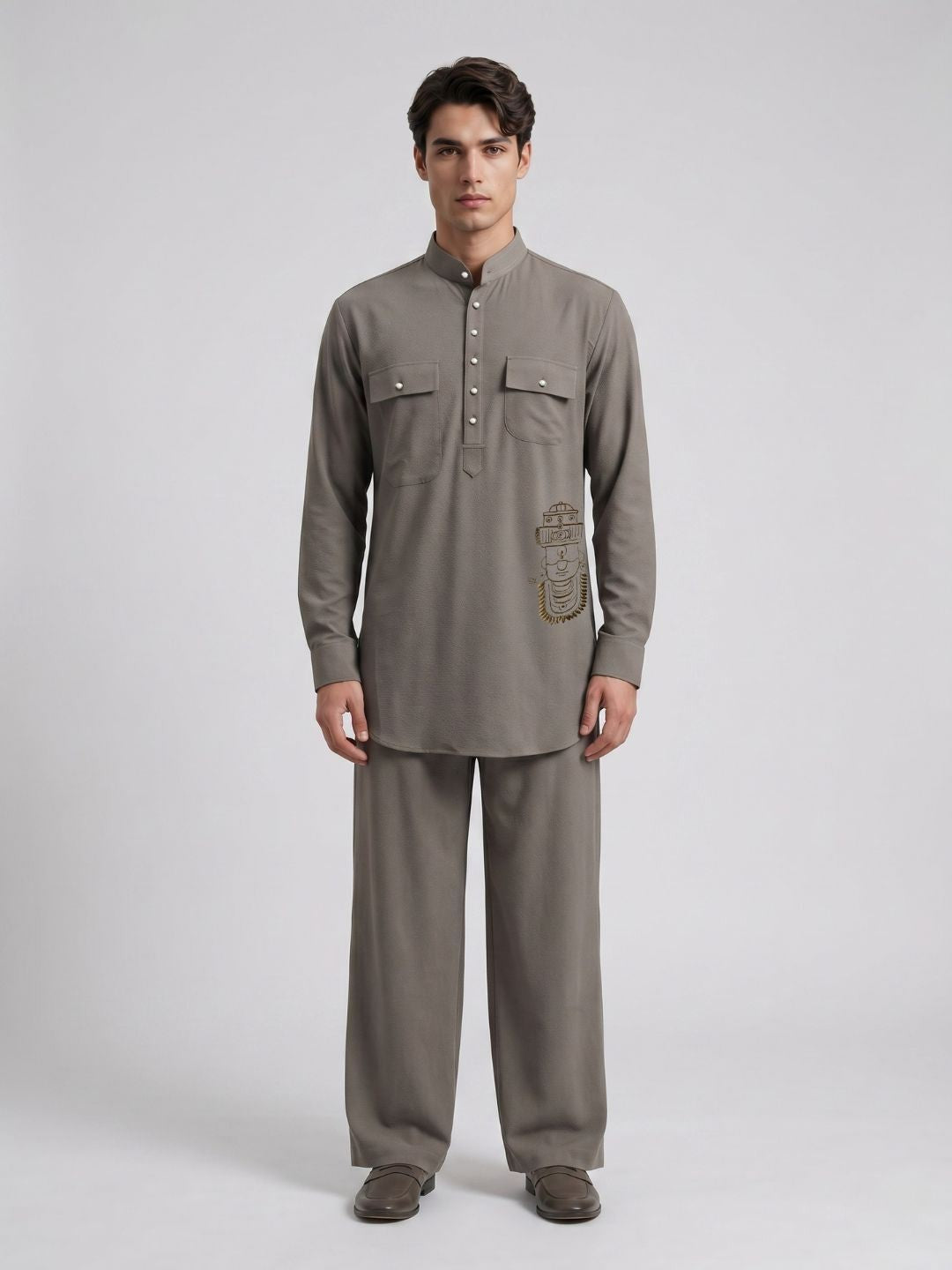 Amit Arora Men Brown Embroidered Slim Fit Kurta Pajama Set