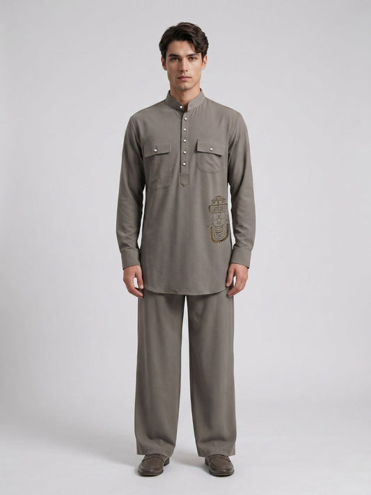 Amit Arora Men Brown Embroidered Slim Fit Kurta Pajama Set