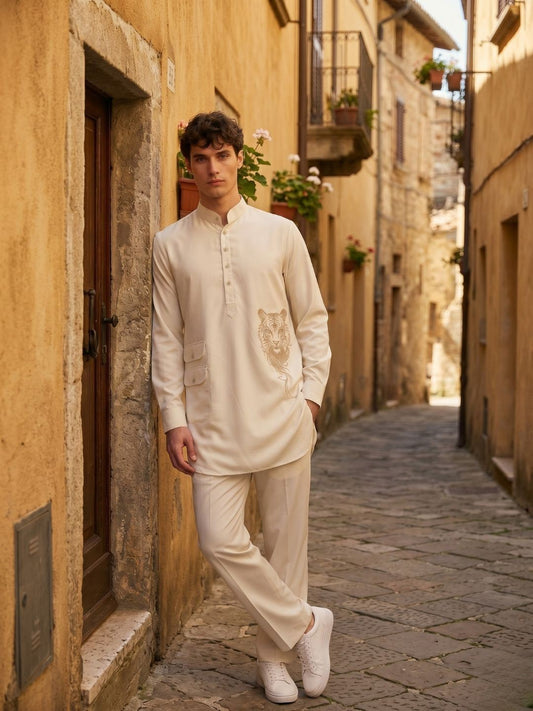 Amit Arora Men Cream Embroidered Slim Fit Kurta Pajama Set