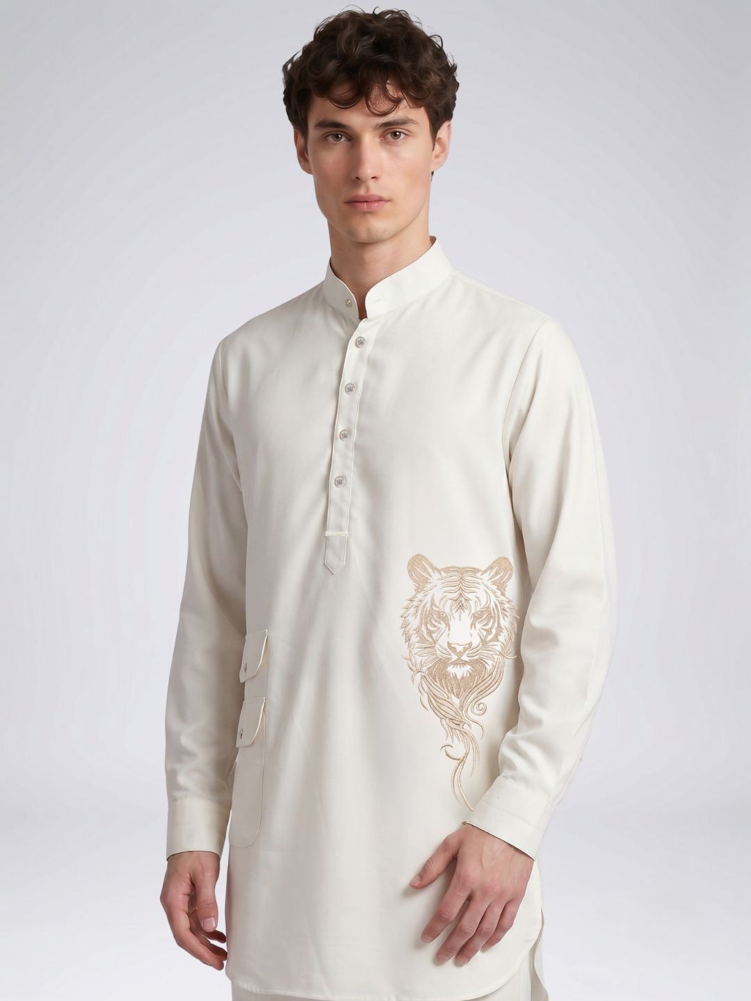 Amit Arora Men Cream Embroidered Slim Fit Kurta Pajama Set