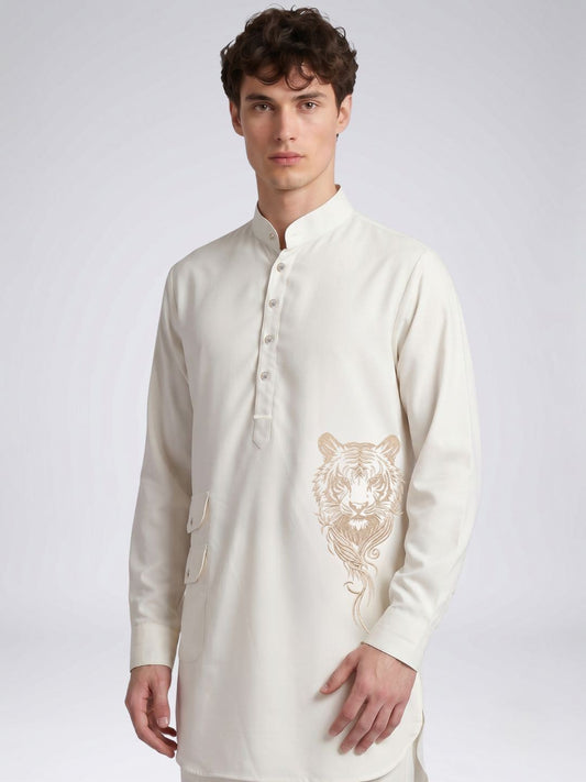 Amit Arora Men Cream Embroidered Slim Fit Kurta Pajama Set