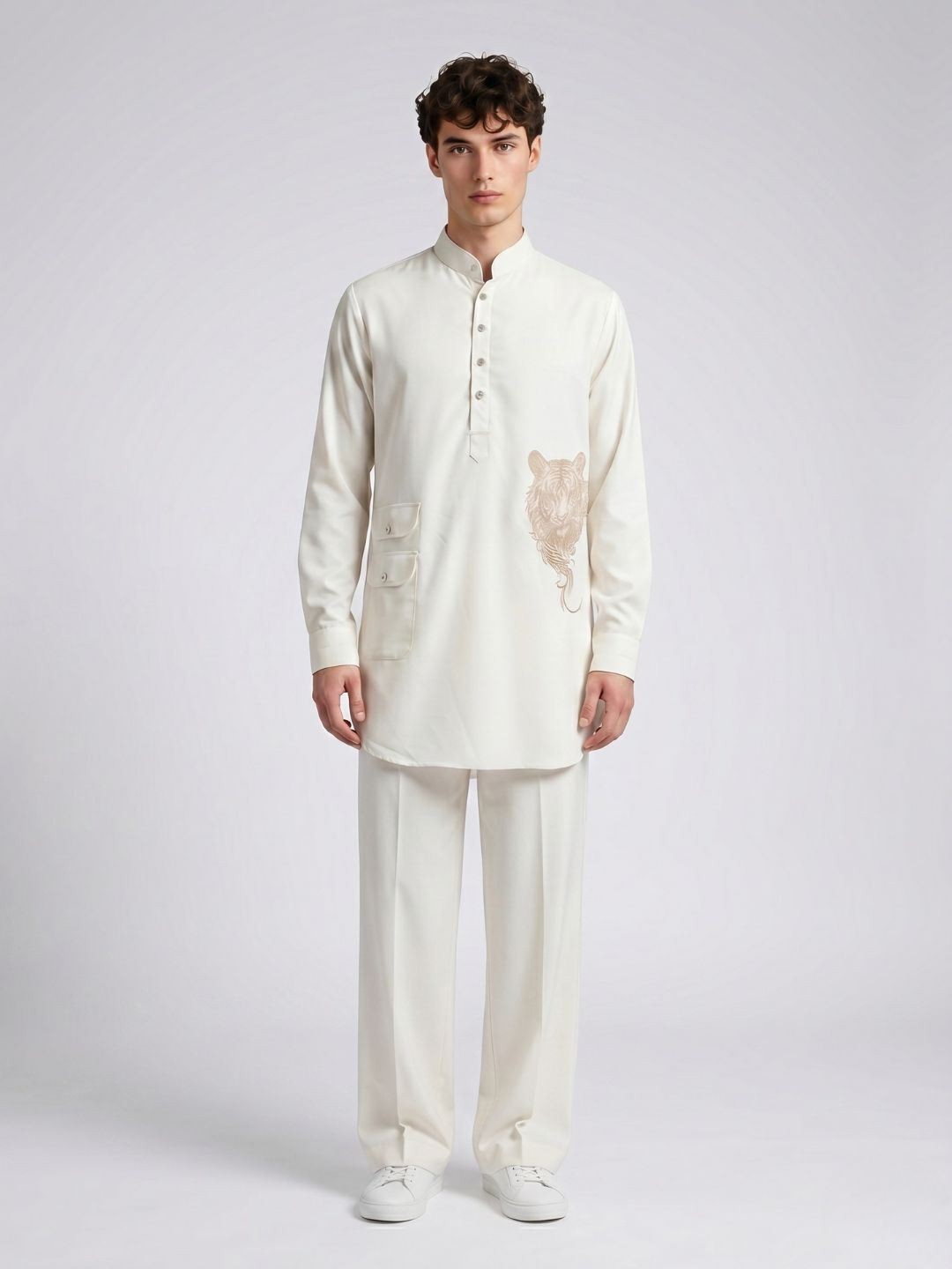 Amit Arora Men Cream Embroidered Slim Fit Kurta Pajama Set