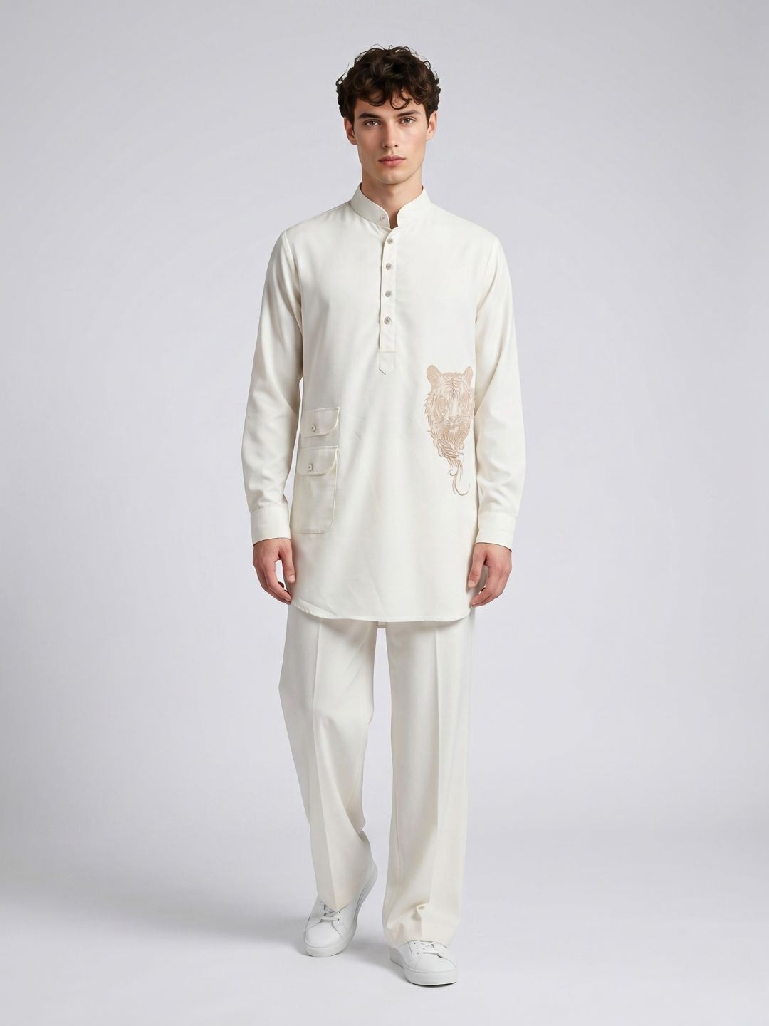 Amit Arora Men Cream Embroidered Slim Fit Kurta Pajama Set