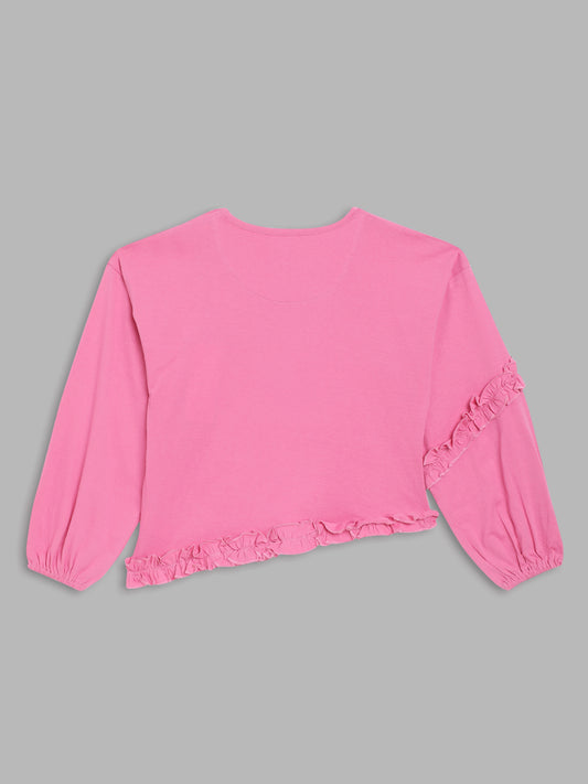 Elle Kids Girls Pink Solid Round Neck TShirt