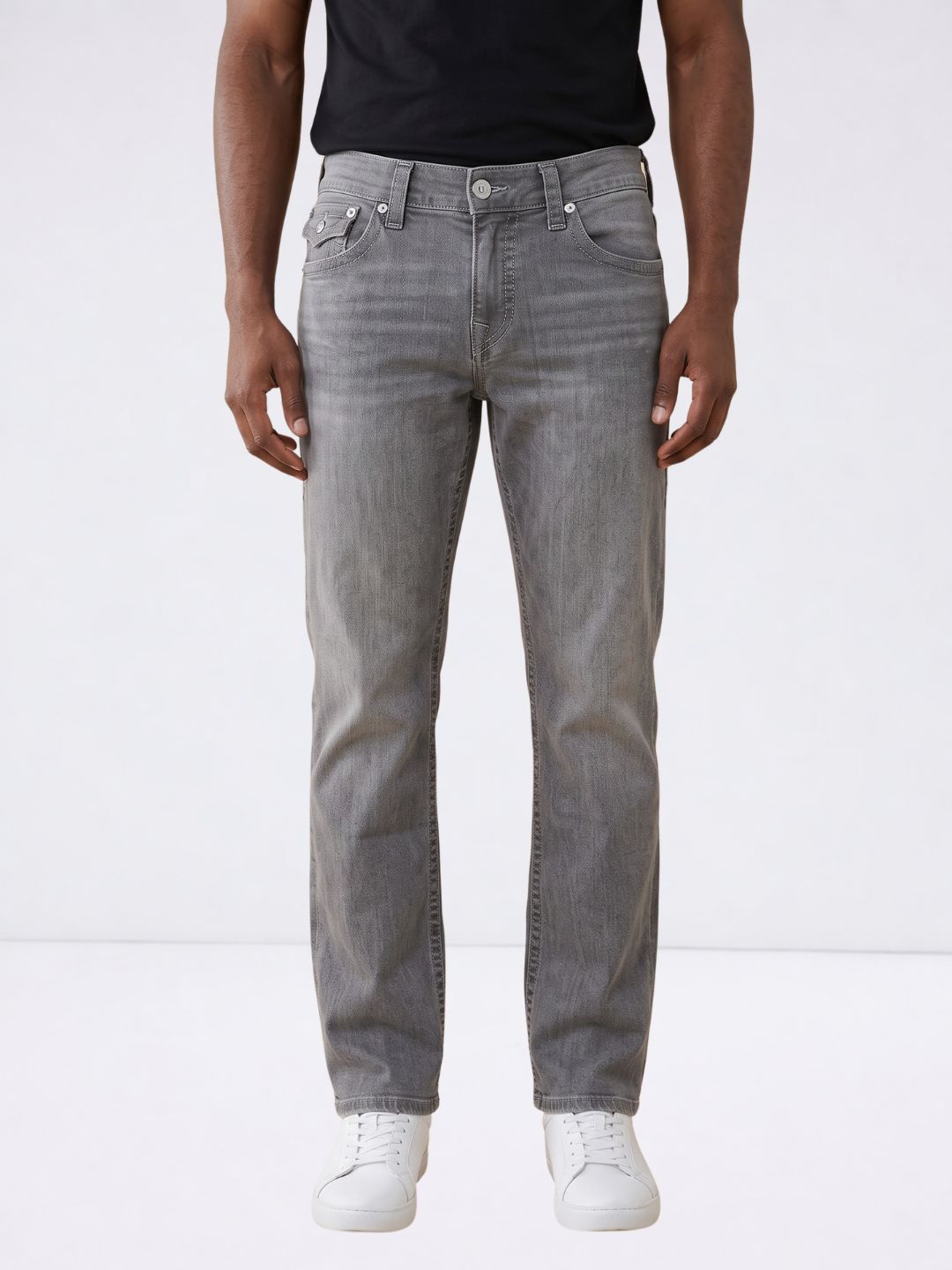 True Religion Men Grey Solid Straight Fit SN Ricky Jeans