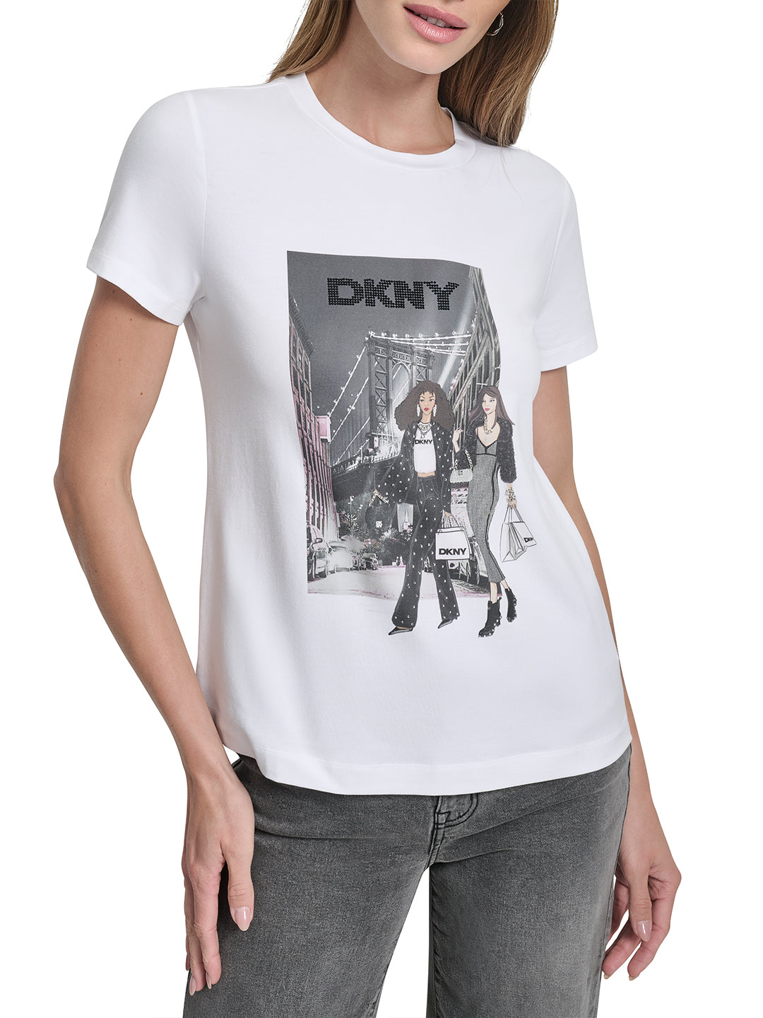 DKNY Women White Placement Print Round Neck Tshirt