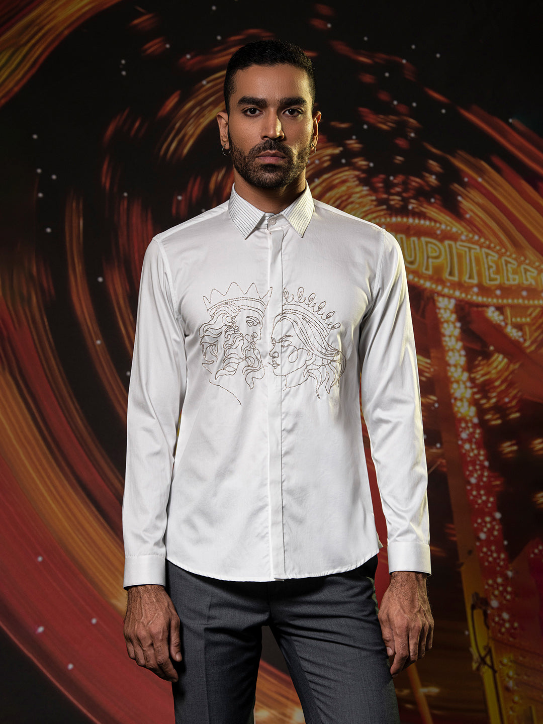 Abkasa Men White Embroidered Collar Shirt