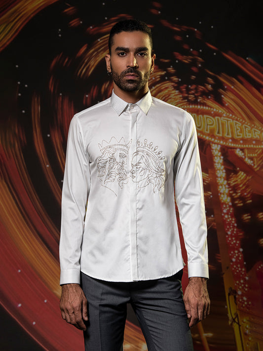 Abkasa Men White Embroidered Collar Shirt