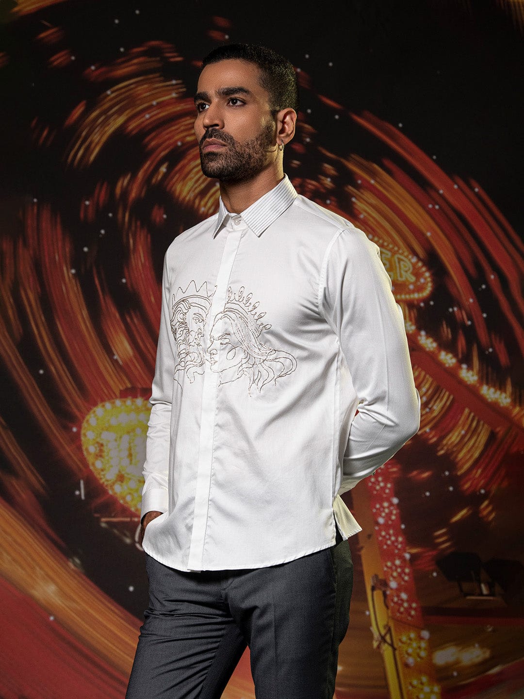 Abkasa Men White Embroidered Collar Shirt