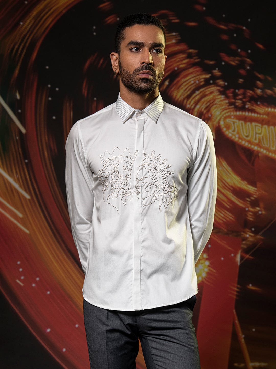 Abkasa Men White Embroidered Collar Shirt