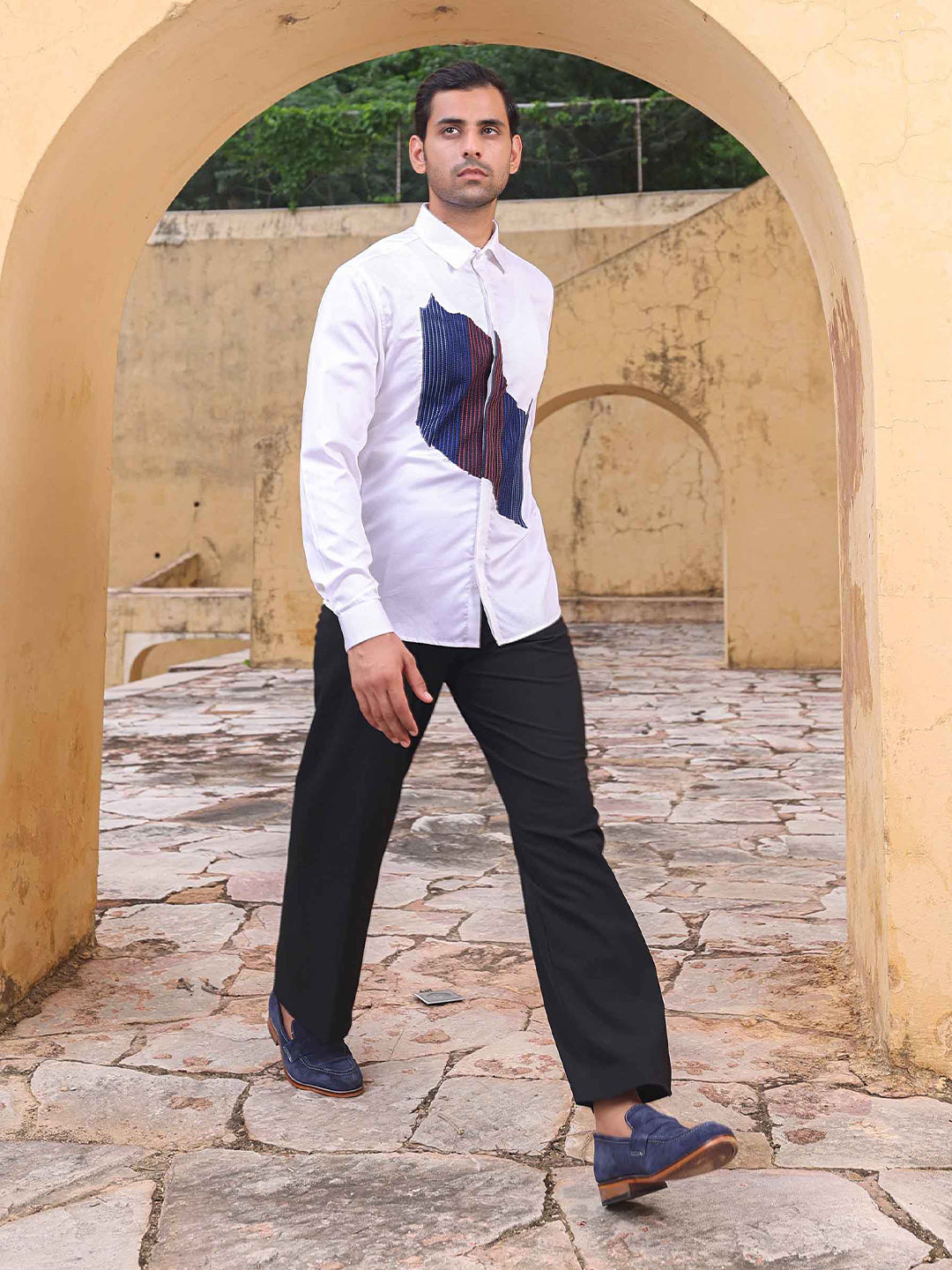 Abkasa Men White Patch Collar Shirt