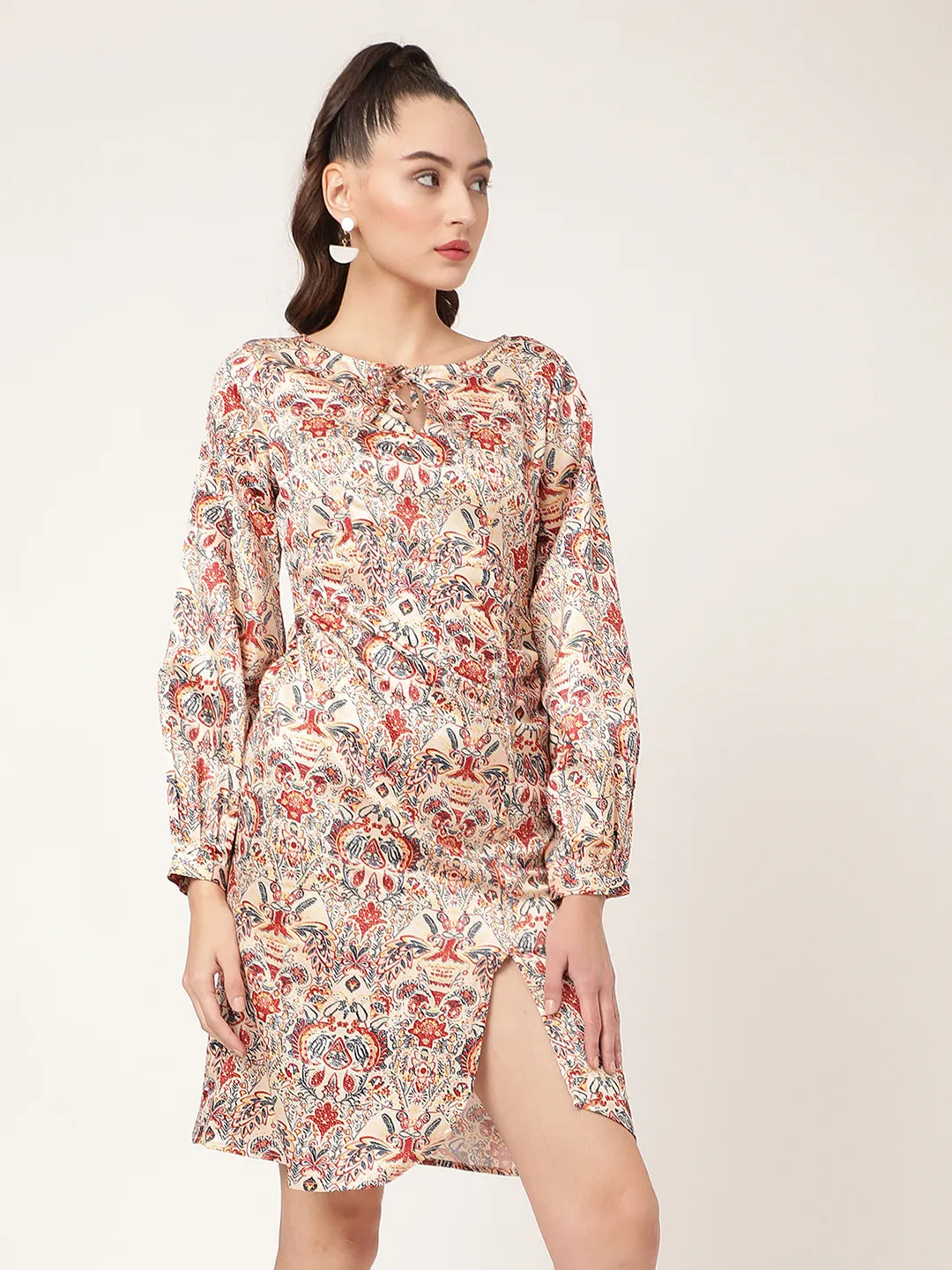 Elle Women Beige Printed Round Neck Dress