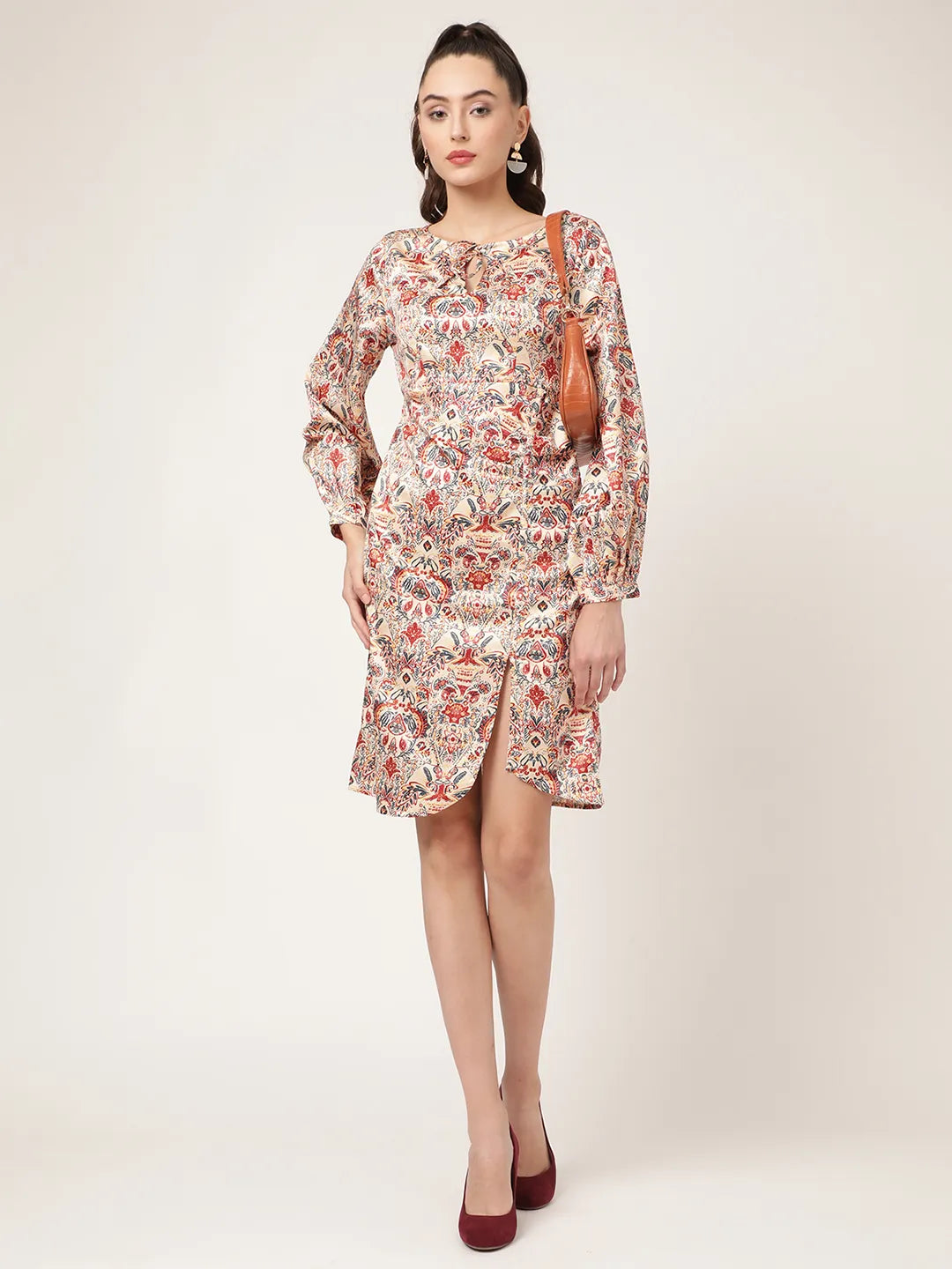 Elle Women Beige Printed Round Neck Dress