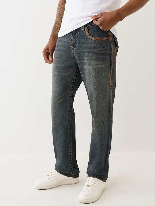 True Religion Men Dark Wash SN SUPER FLATLOCK Straight Fit Ricky Jeans