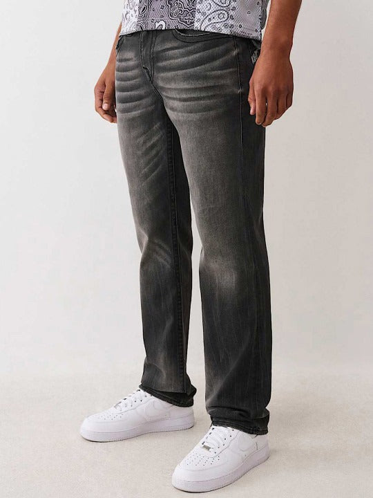 True Religion Men Washed Black Embroidered Straight Fit Ricky Jeans