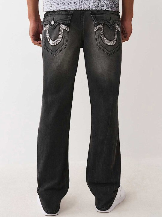 True Religion Men Washed Black Embroidered Straight Fit Ricky Jeans