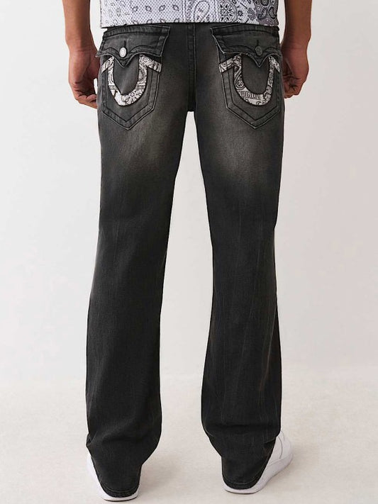 True Religion Men Washed Black Embroidered Straight Fit Ricky Jeans