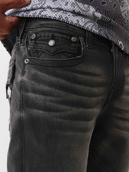 True Religion Men Washed Black Embroidered Straight Fit Ricky Jeans