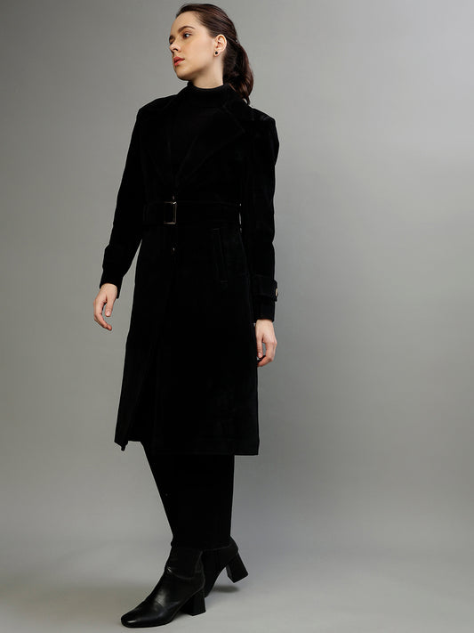Centre Stage Women Solid Notched Lapel Full Sleeves Overcoat