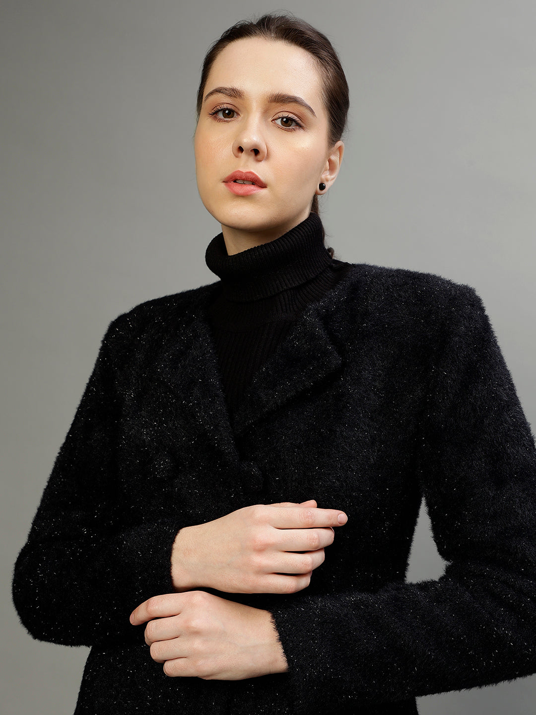 Centre Stage Women Solid Turtle Neck Full Sleeves Jacket