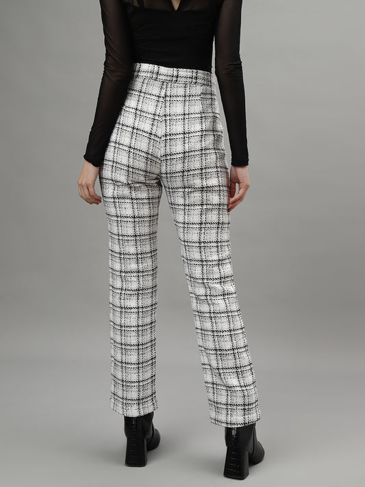 Centre Stage Women White Checked High-Rise Straight Fit Regular Trouser